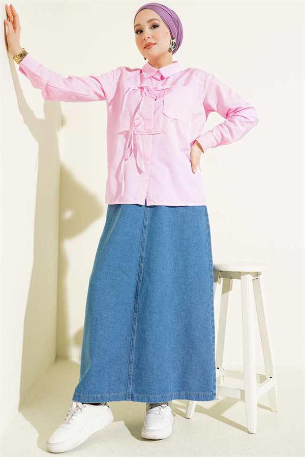 Striped Front Drawstring Short Shirt Pink