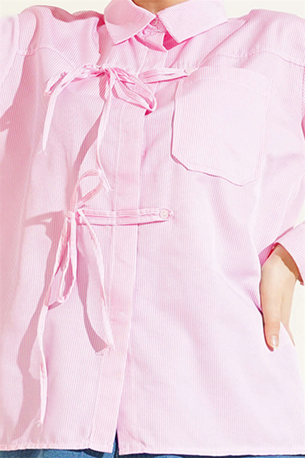 Striped Front Drawstring Short Shirt Pink