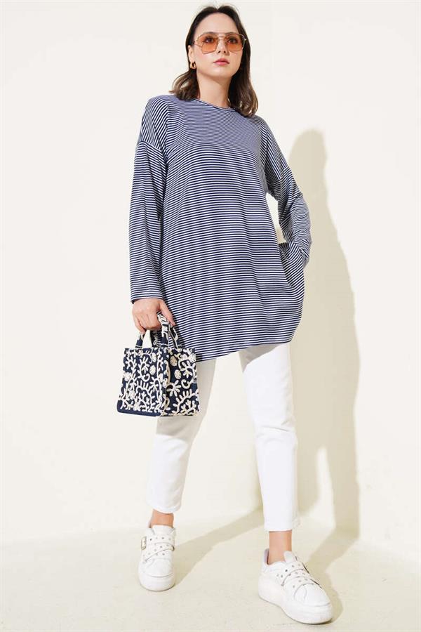 Striped Combed Cotton Tunic Navy Blue