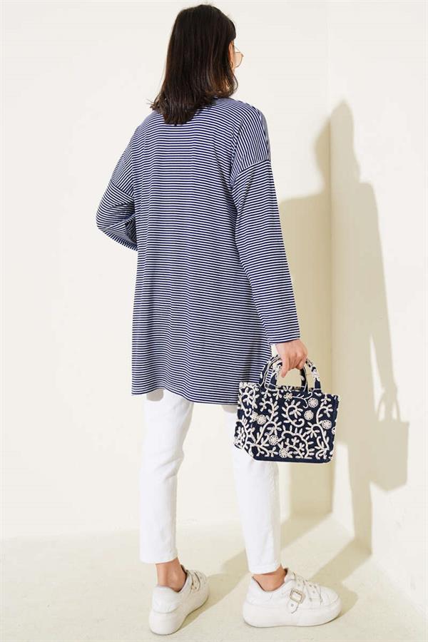 Striped Combed Cotton Tunic Navy Blue