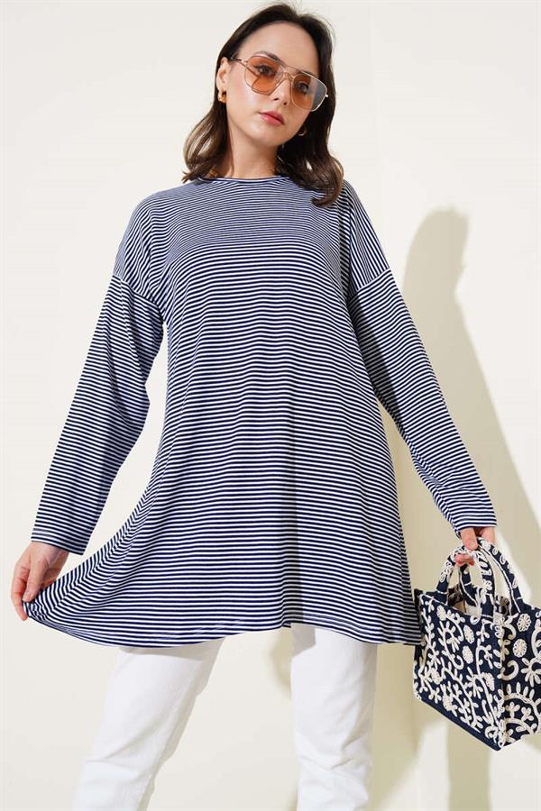 Striped Combed Cotton Tunic Navy Blue