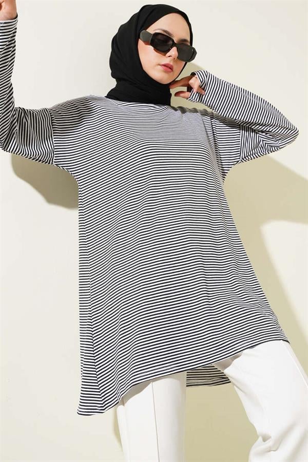 Striped Combed Cotton Tunic Black