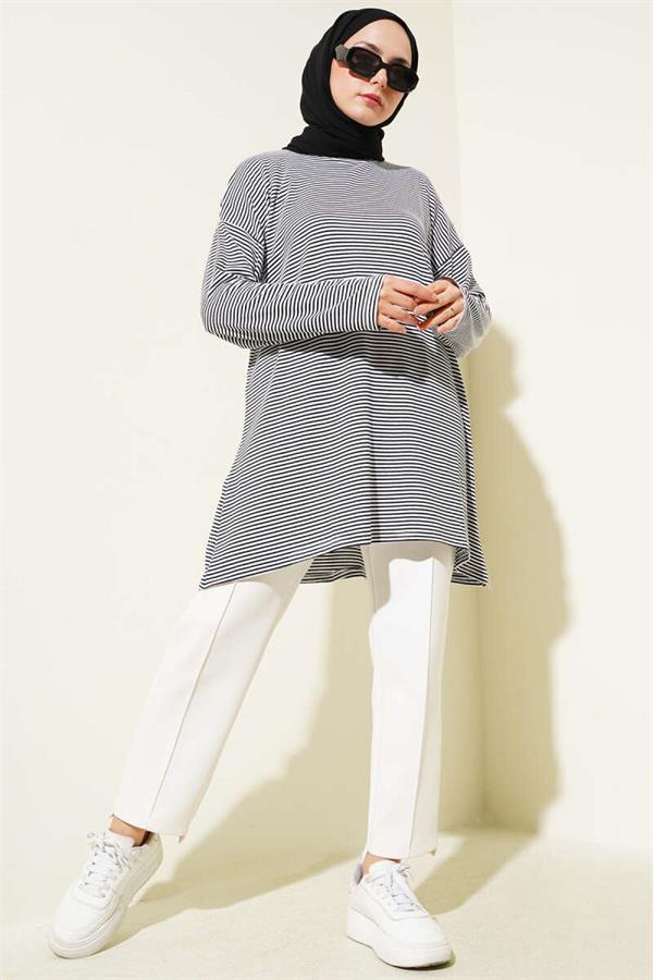 Striped Combed Cotton Tunic Black