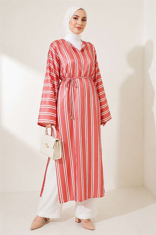 Striped Satin Long Tunic with Slit, Terracotta