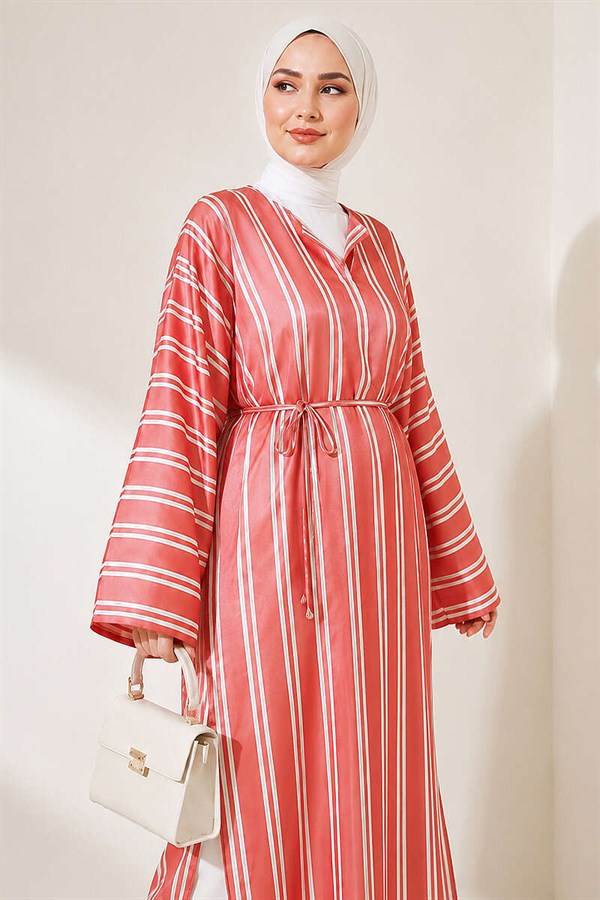 Striped Satin Long Tunic with Slit, Terracotta