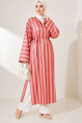 Striped Satin Long Tunic with Slit, Terracotta