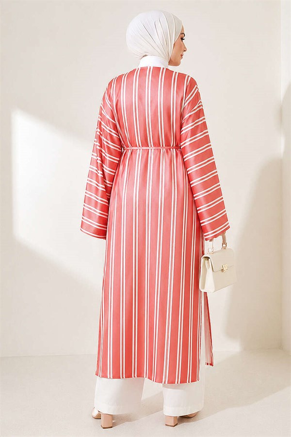 Striped Satin Long Tunic with Slit, Terracotta