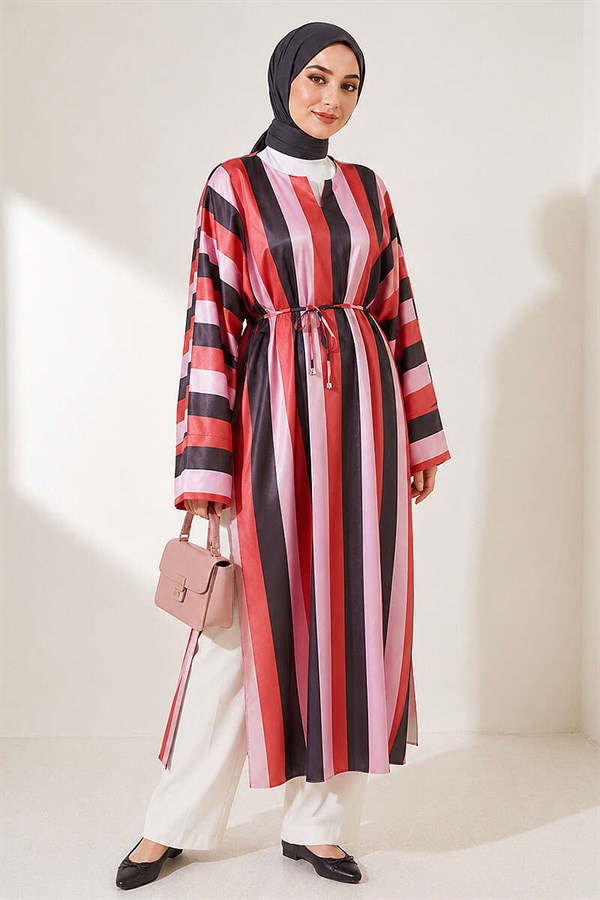 Striped Satin Long Tunic with Slit, Pink