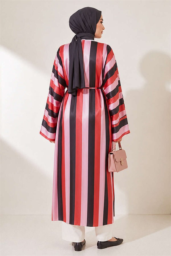 Striped Satin Long Tunic with Slit, Pink