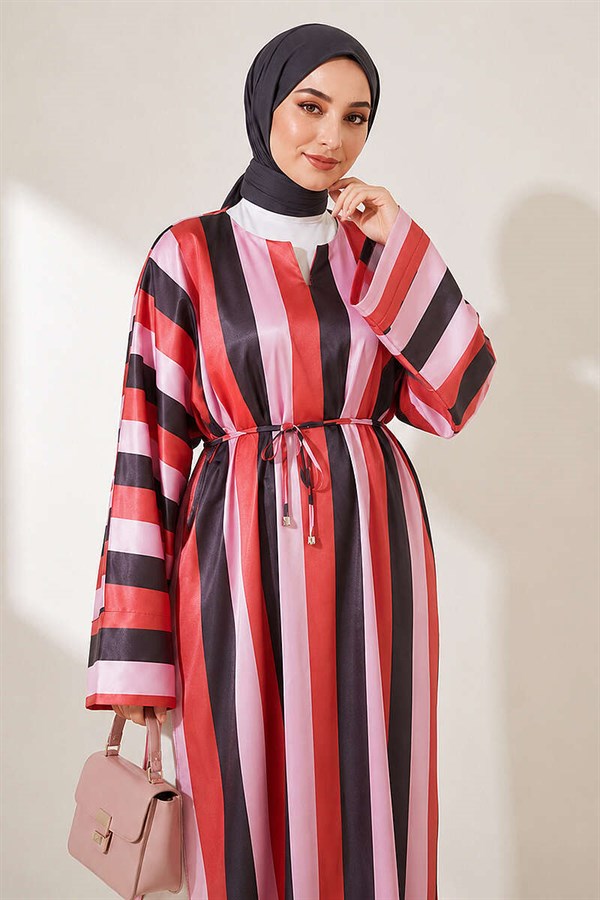 Striped Satin Long Tunic with Slit, Pink