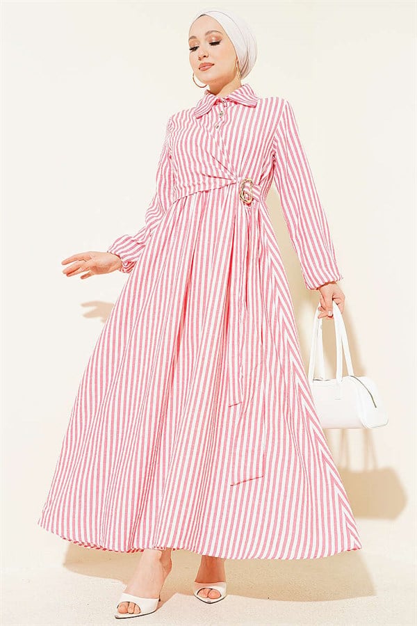 Striped Buckle Side Tie Dress Red