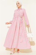Striped Buckle Side Tie Dress Red