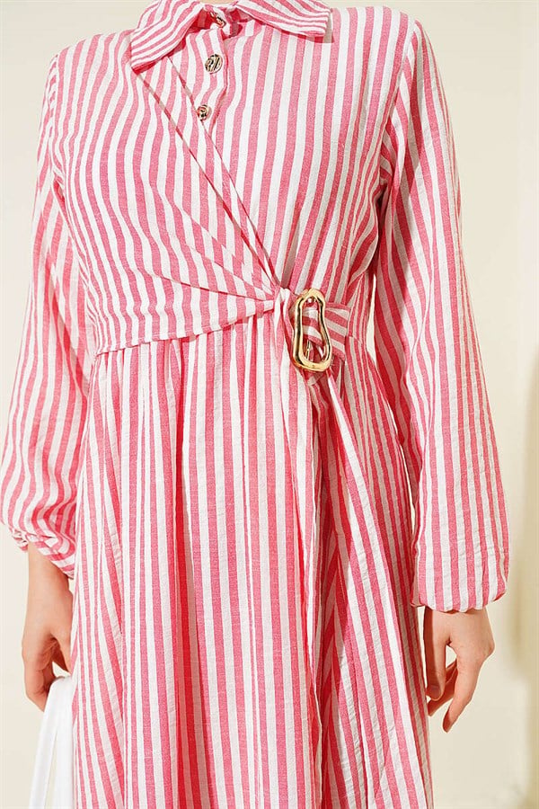 Striped Buckle Side Tie Dress Red