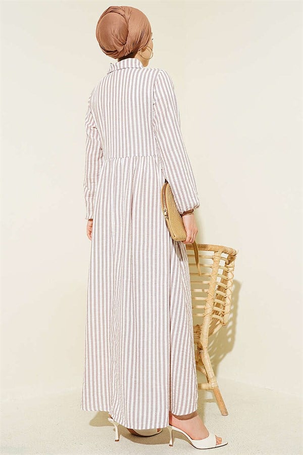 Striped Buckle Side Tie Dress, Brown