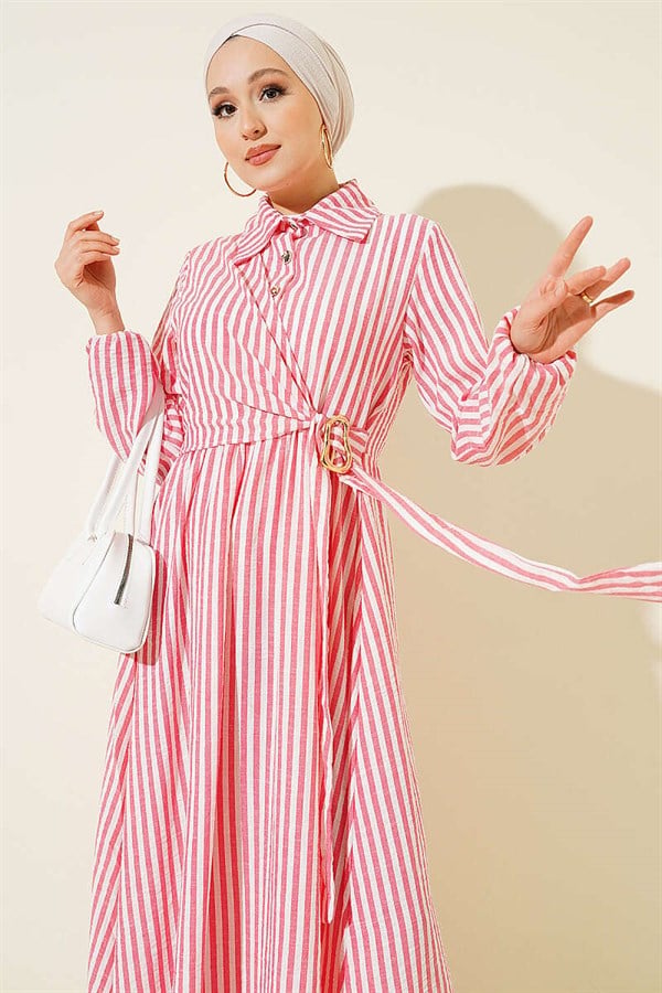 Striped Buckle Side Tie Dress Red