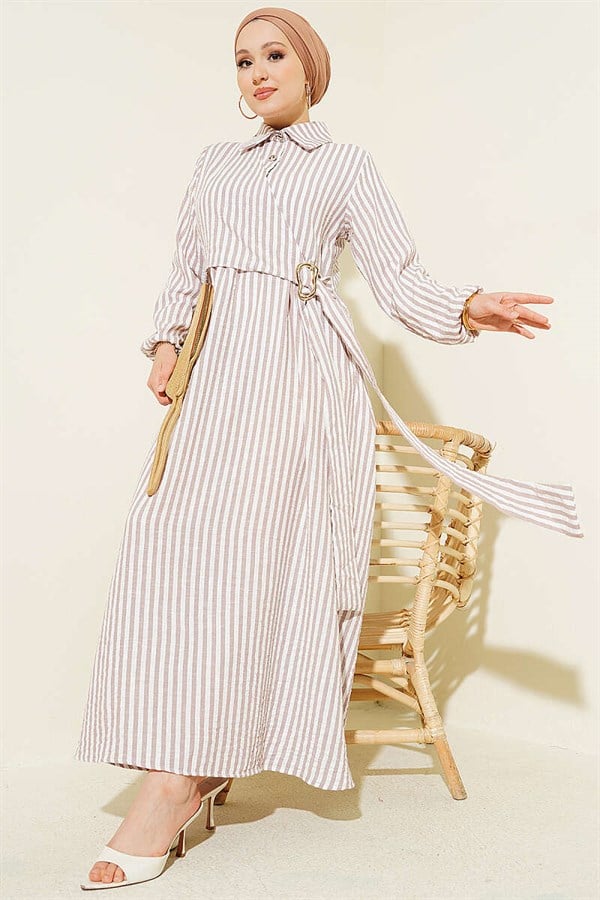 Striped Buckle Side Tie Dress, Brown