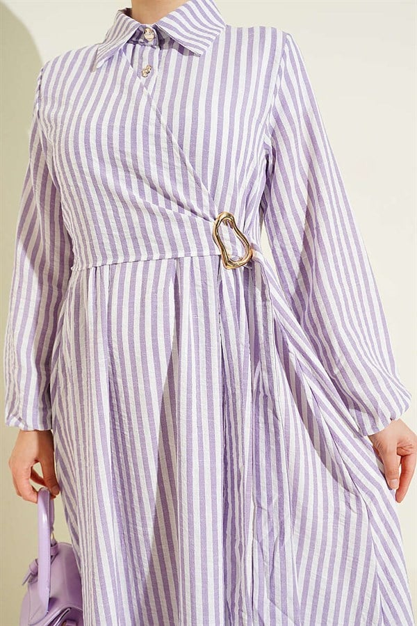 Striped Buckle Side Tie Dress Lilac