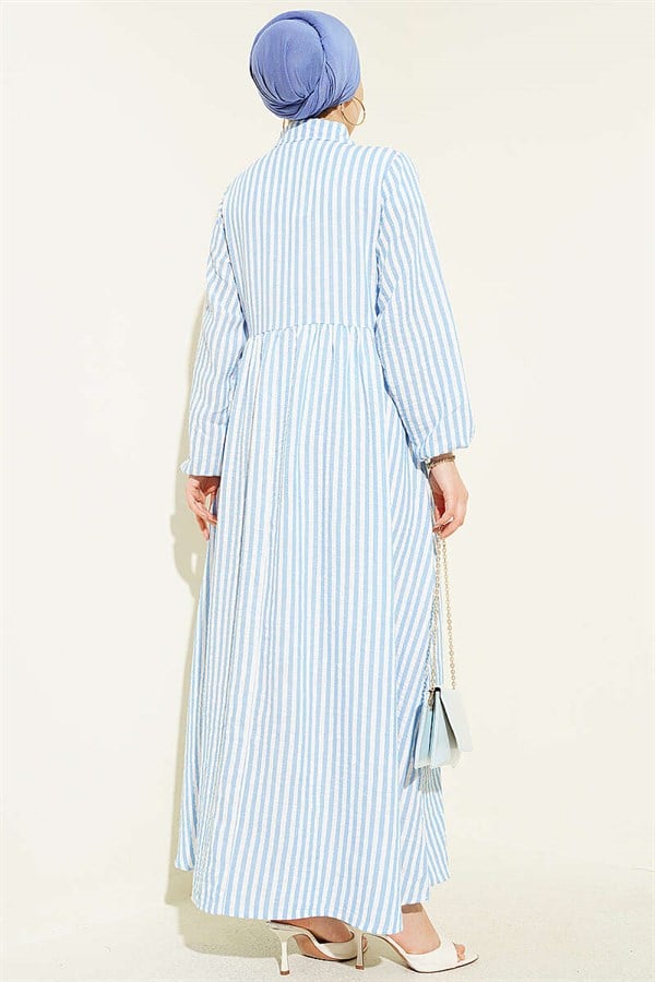 Striped Buckle Side Tie Dress Blue