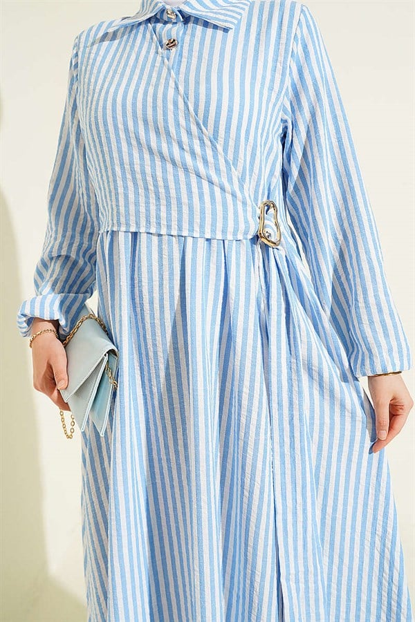 Striped Buckle Side Tie Dress Blue