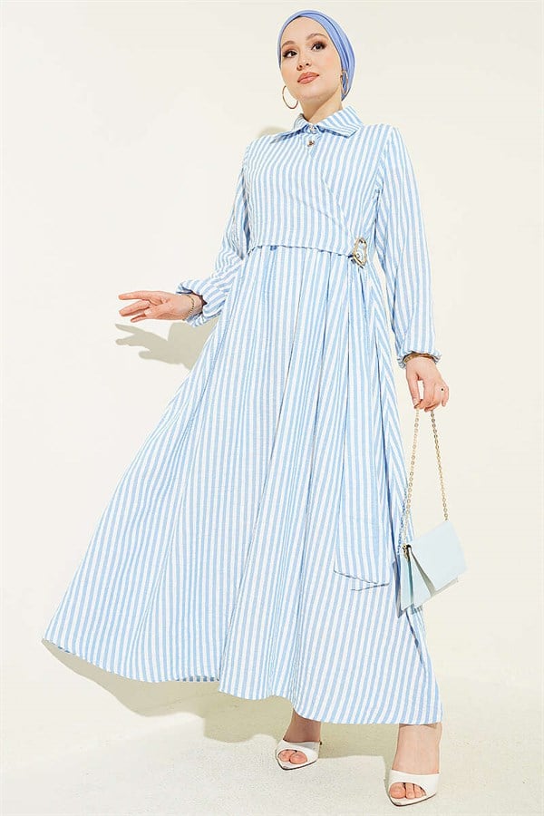 Striped Buckle Side Tie Dress Blue
