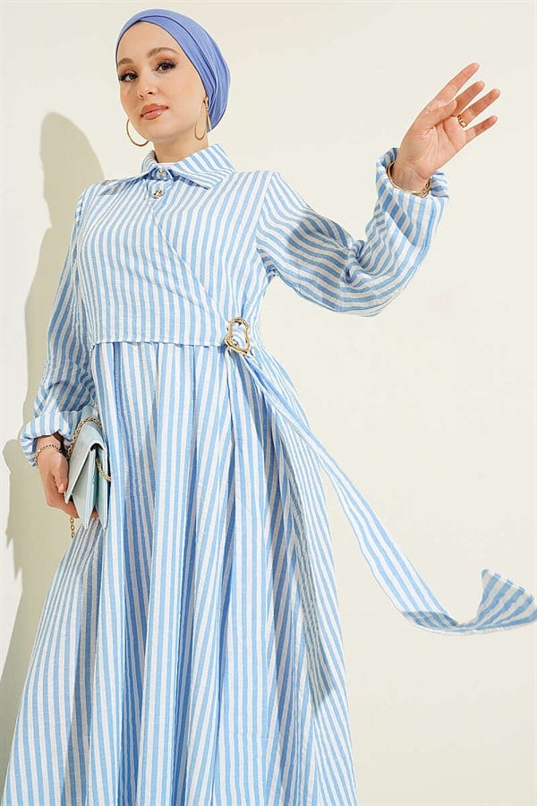 Striped Buckle Side Tie Dress Blue
