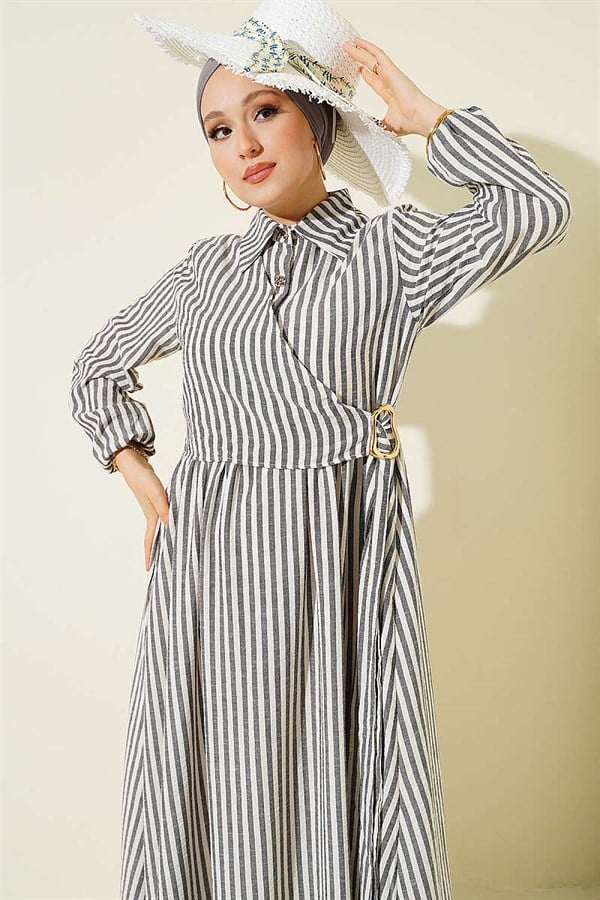 Striped Buckle Side Tie Dress Black