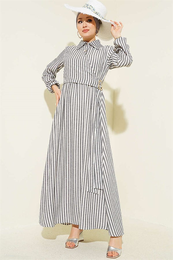 Striped Buckle Side Tie Dress Black