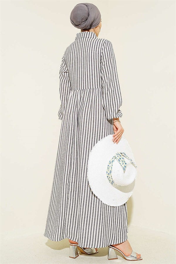 Striped Buckle Side Tie Dress Black