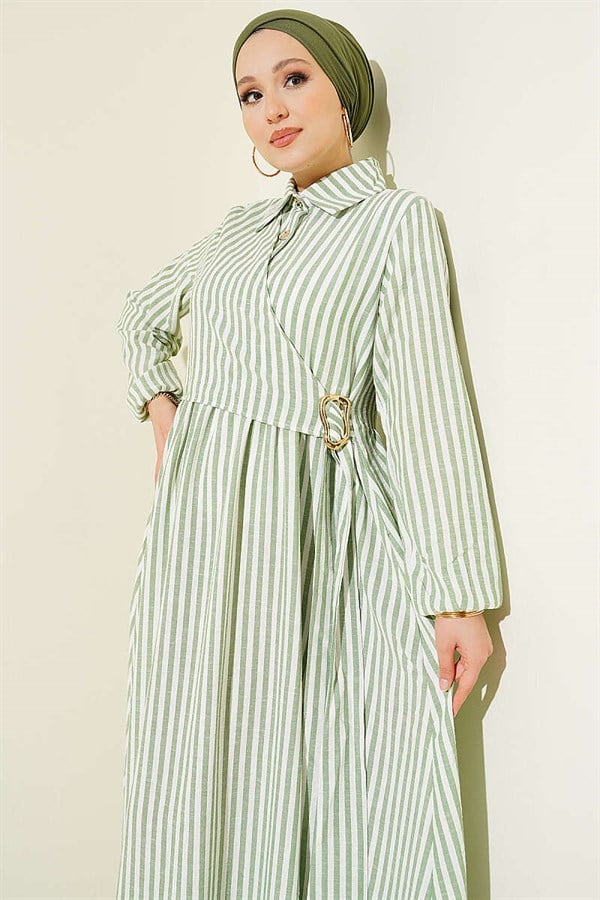 Striped Buckle Side Tie Dress Green
