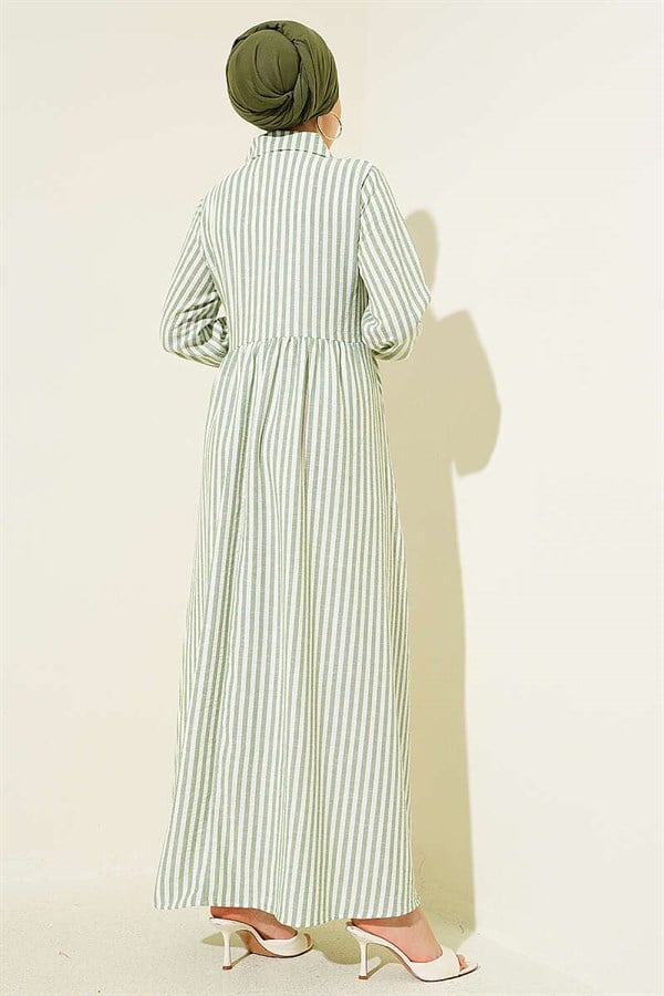 Striped Buckle Side Tie Dress Green