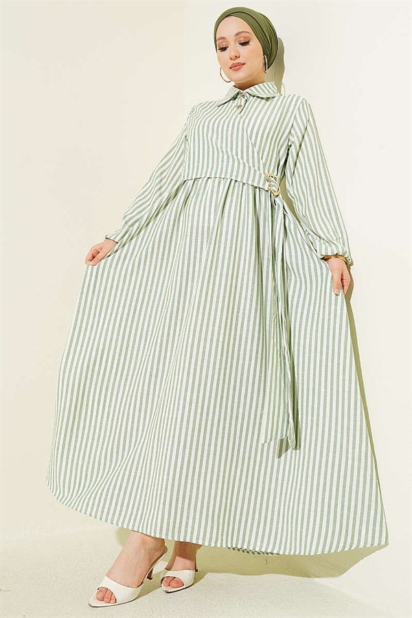 Striped Buckle Side Tie Dress Green