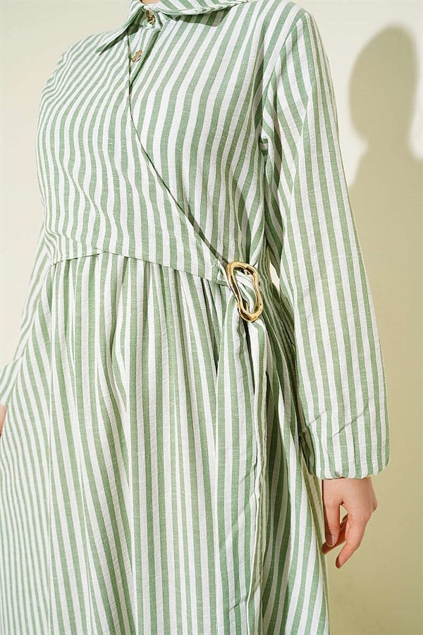 Striped Buckle Side Tie Dress Green