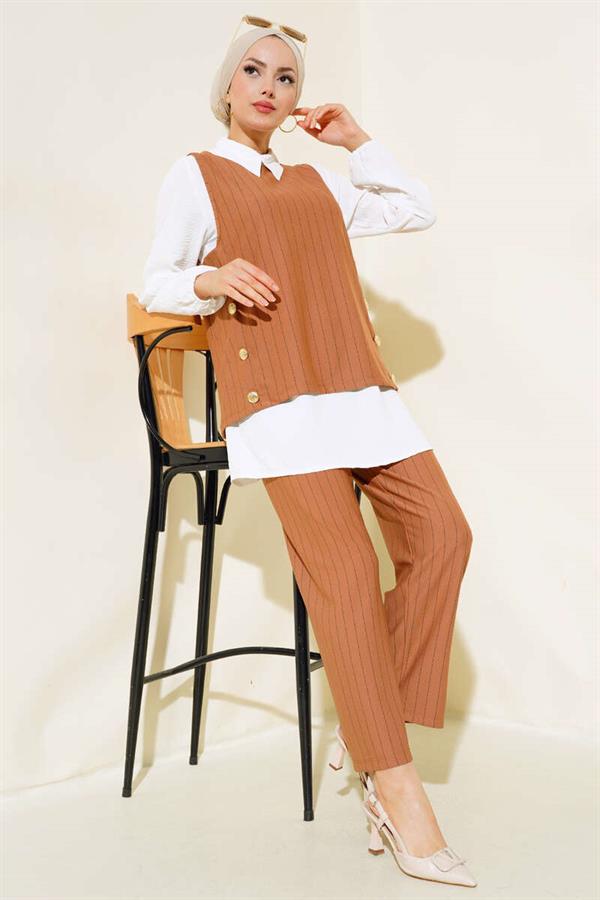 Striped Three Piece 2 Piece Set Camel