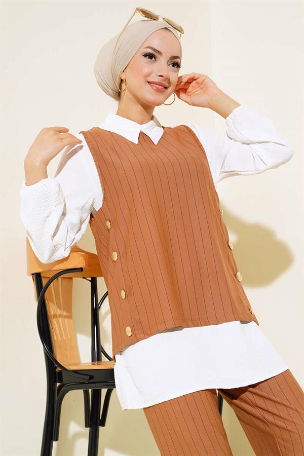 Striped Three Piece 2 Piece Set Camel