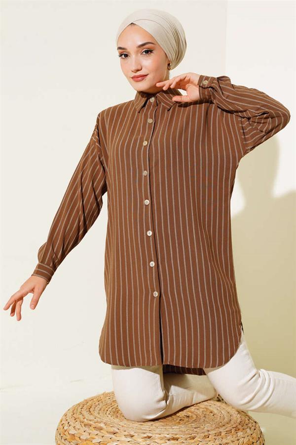 Striped Long Shirt Brown