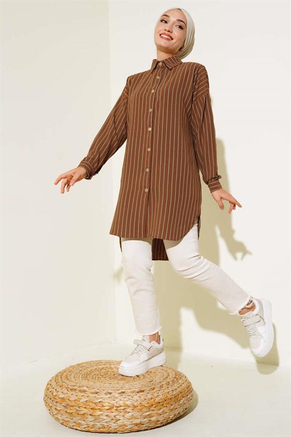 Striped Long Shirt Brown