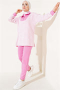 Striped Collar Half Zipper 2 Piece Set Pink