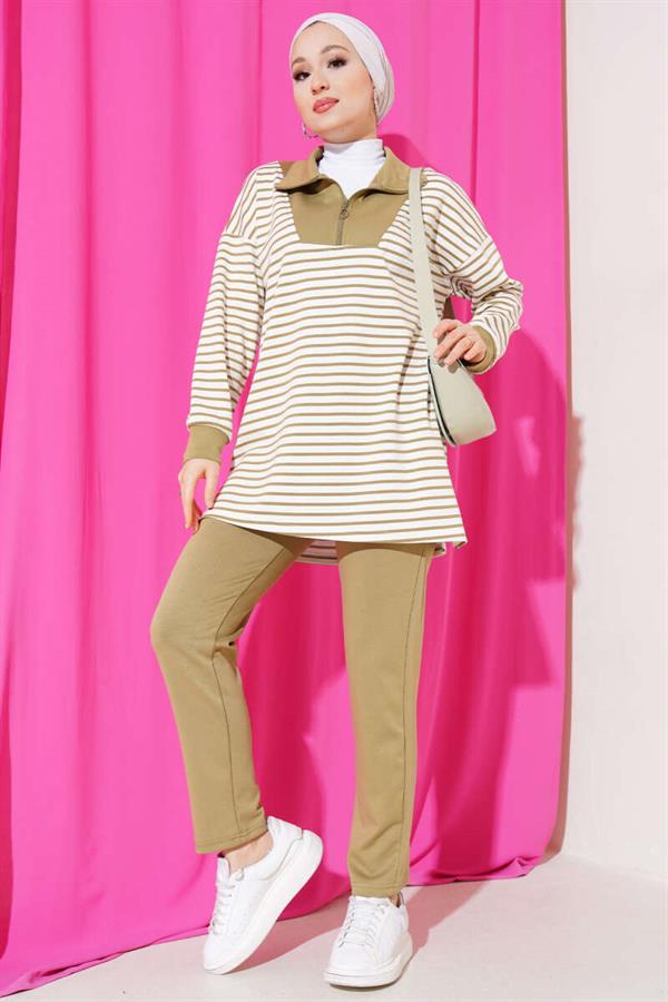 Striped Collar Half Zippered 2 Piece Set Nefti