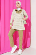 Striped Collar Half Zippered 2 Piece Set Nefti