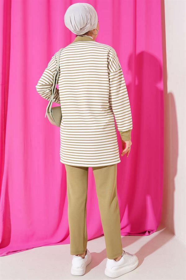 Striped Collar Half Zippered 2 Piece Set Nefti