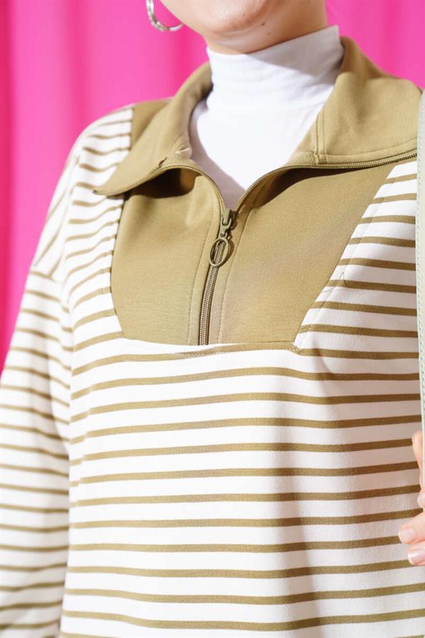 Striped Collar Half Zippered 2 Piece Set Nefti