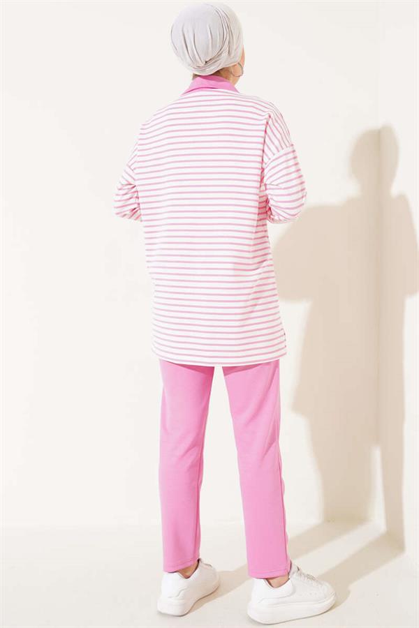 Striped Collar Half Zipper 2 Piece Set Pink