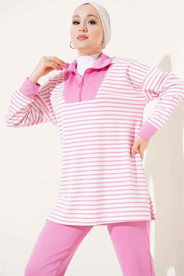 Striped Collar Half Zipper 2 Piece Set Pink