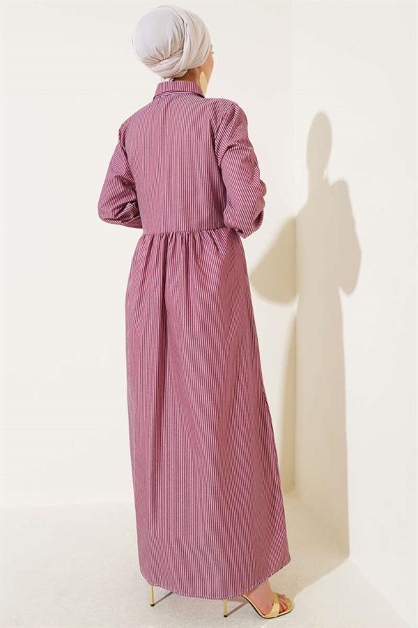 Striped Half Buttoned Tie Dress Burgundy