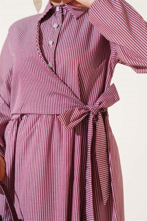Striped Half Buttoned Tie Dress Burgundy