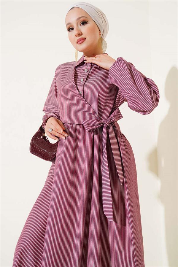 Striped Half Buttoned Tie Dress Burgundy