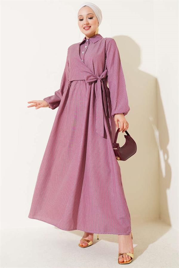Striped Half Buttoned Tie Dress Burgundy