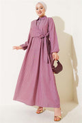 Striped Half Buttoned Tie Dress Burgundy