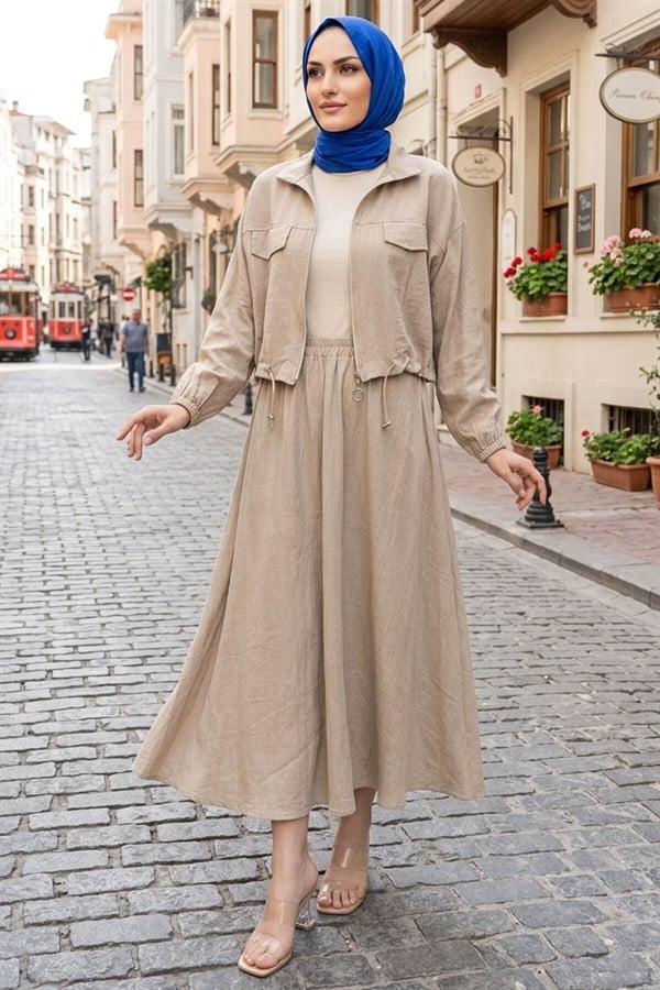 Crop Jacket and Skirt Sport 2 Piece Set Beige