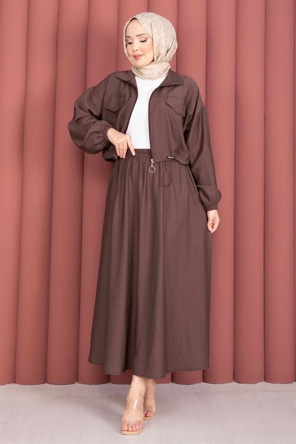 Crop Jacket and Skirt Sport Set in Coffee Brown